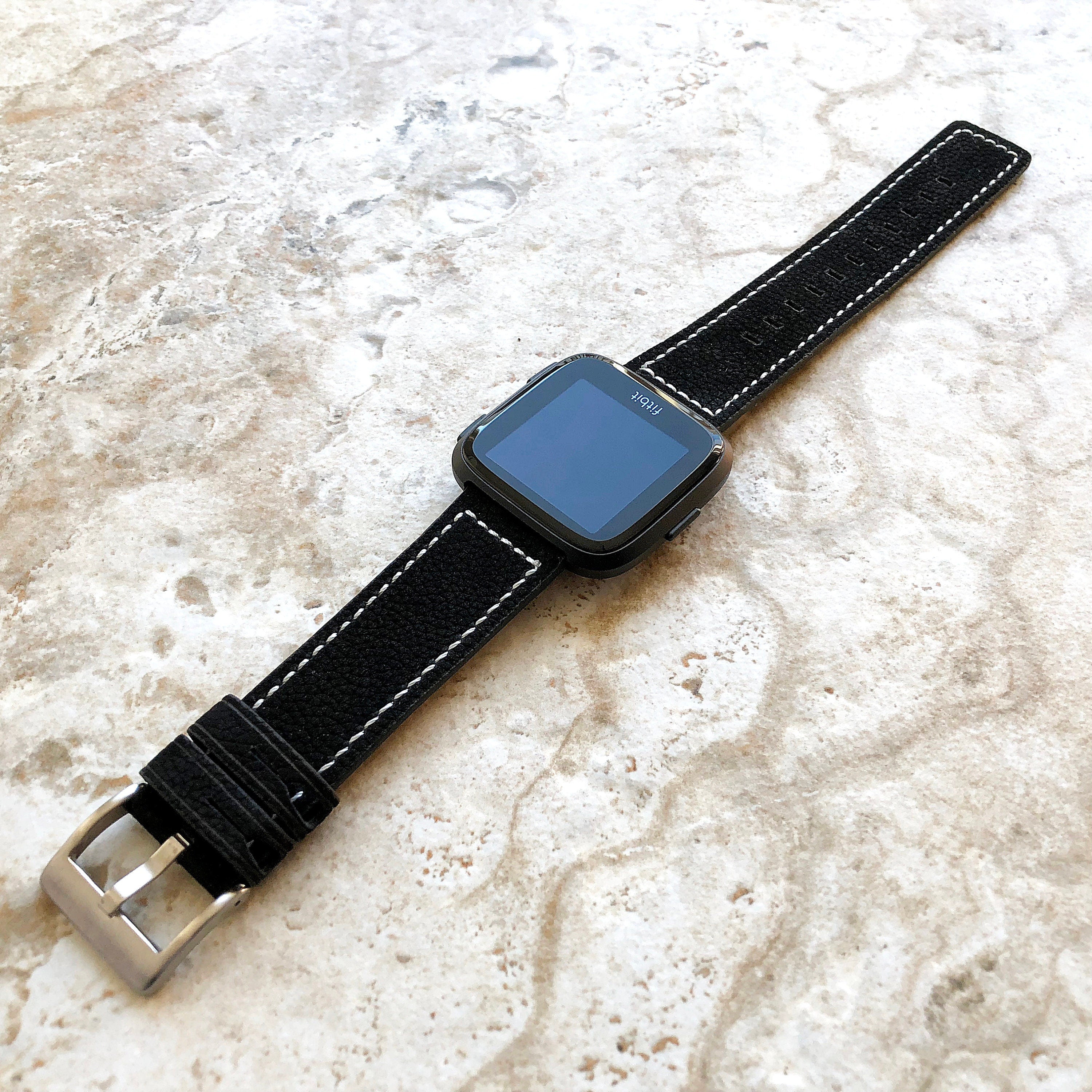 Bands for Fitbit Versa 2 3 4 Sense 2 Black Suede White Stitches Modern Strap Quick Release Pins Adapters Silver Rose Gold Black Buckles
